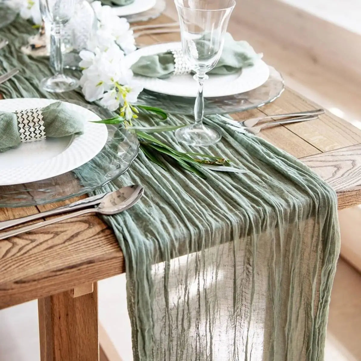 Sage Semi-Sheer Gauze Table Runner for Elegant Dining - Smarsty