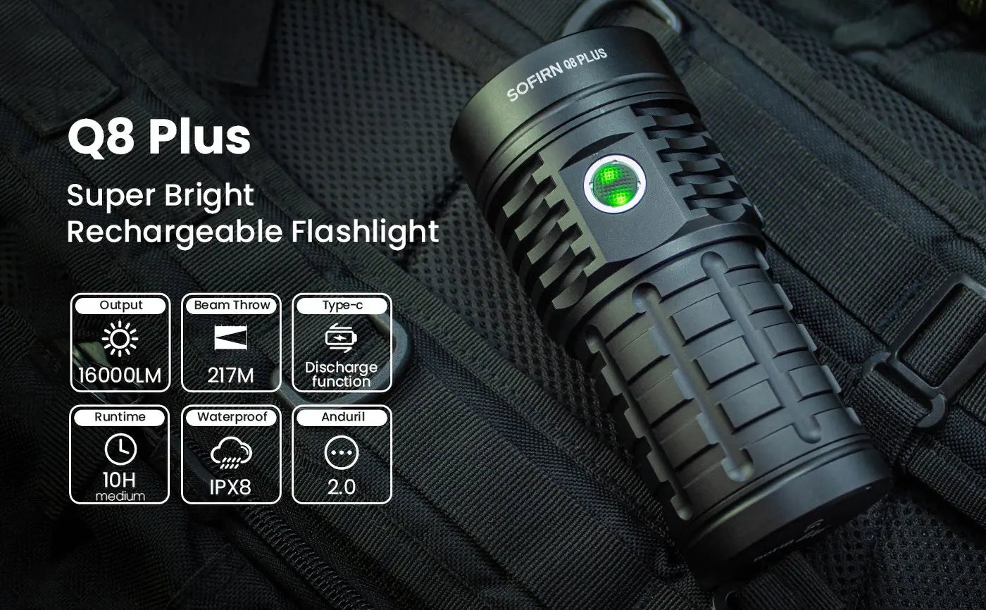 Sofirn Q8 Plus Super Powerful LED Flashlight 16000lm USB C Rechargeable 21700 Anduril 2.0 Torch XHP50B Reverse Charging