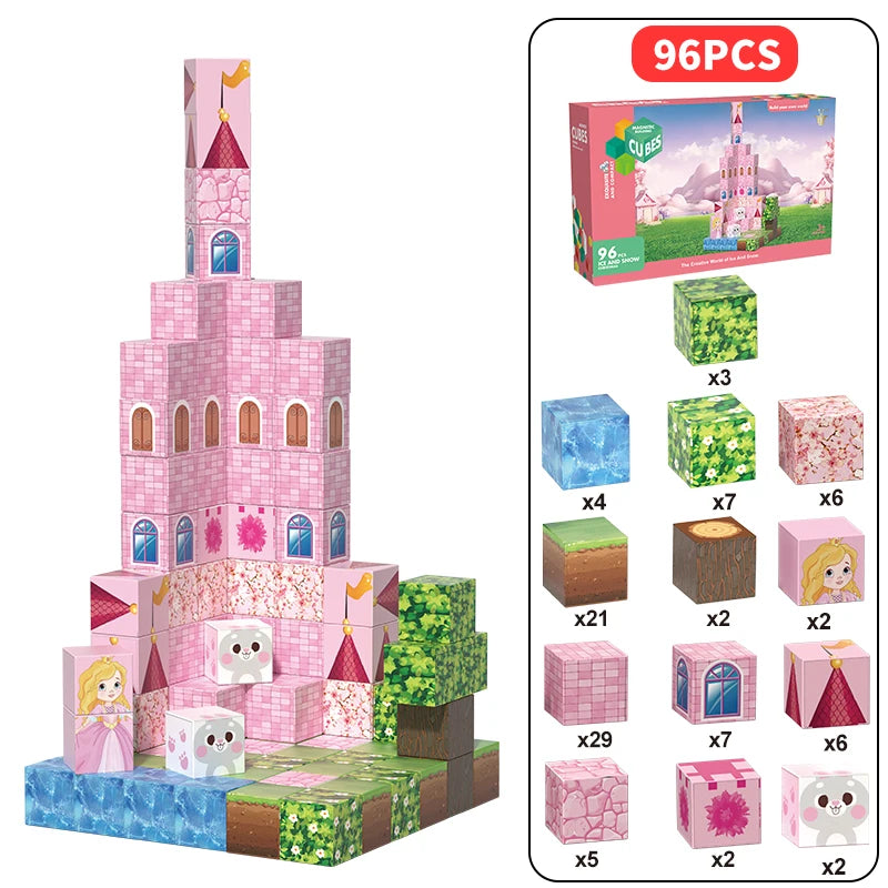 Pink castle magnetic building block set, suitable for boys and girls over 3 years old DIY to improve hand skills and creativity by Smarsty