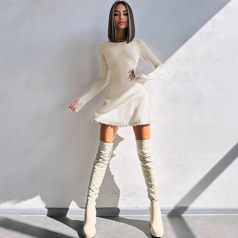 Dulzura Women 2024 Spring Autumn Fashion Long Sleeve Knitted Streetwear Bodycon Short Mini Dress Wholesale Items For Business - Smarsty