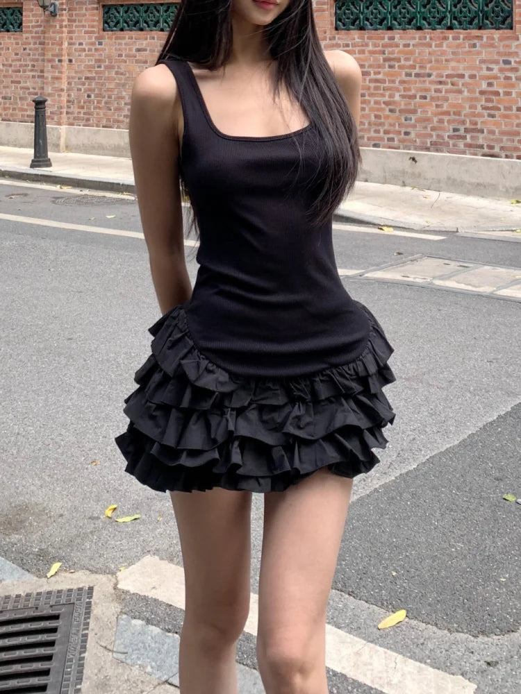 Chic Y2K Sleeveless Mini Dress For Woman Summer Black Dresses Sexy Clubwear Party Slim fit Ruffle Pleated Short Dress - Smarsty