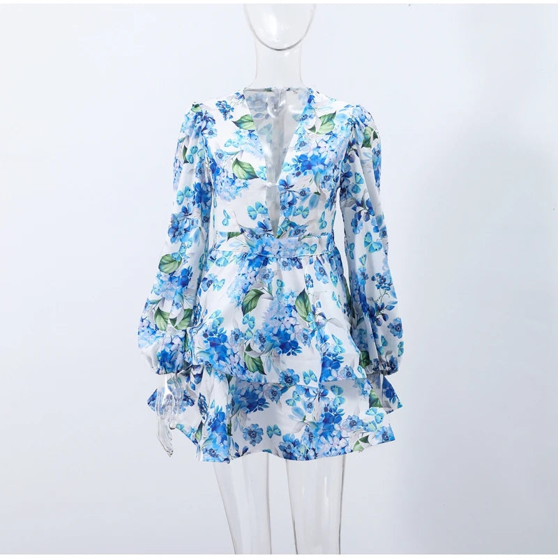 Backless Party Dress Women Elegant 3D Flower Print Sling Lace Up Ruffle A-line Mini Evening Dresses Female 2025 Summer Swimwears - Smarsty