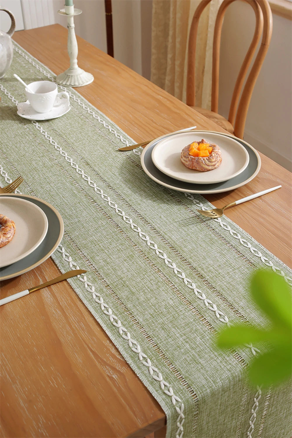 Boho Green Table Runner with Rustic Tassels - Smarsty