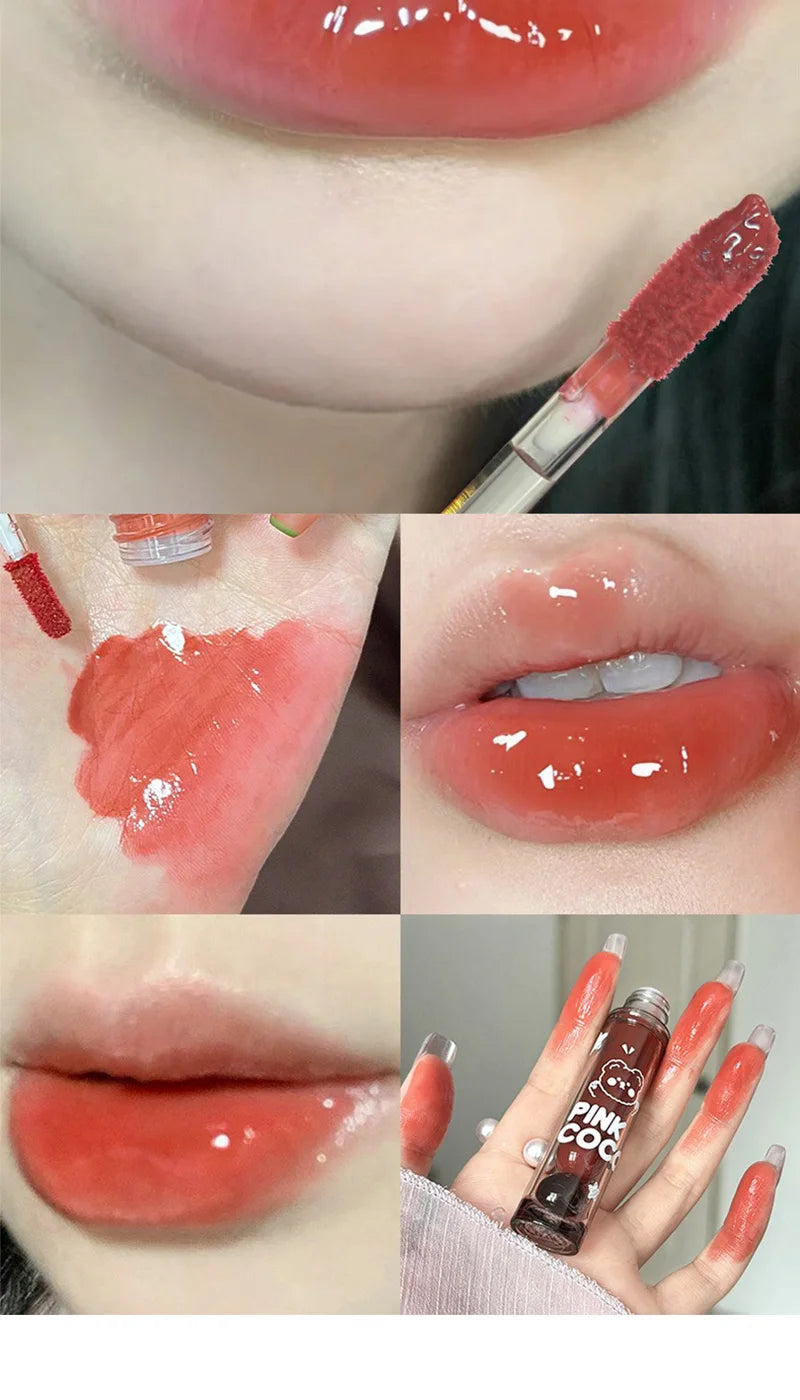 Pinkcoco Bear Doodle Mirror Lip Glaze Long Lasting Shine - Smarsty