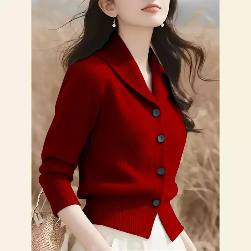 2025 New Spring Autumn Turndown Collar High End Women Knitt Cardigan Sweater Fashion Korean Version Female Knitwear Tops - Smarsty