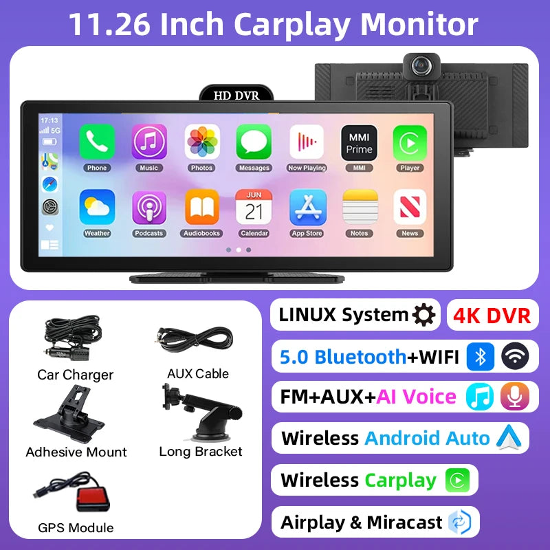 4K Dash Cam With Dual Lens GPS Navigation Wireless CarPlay - Smarsty