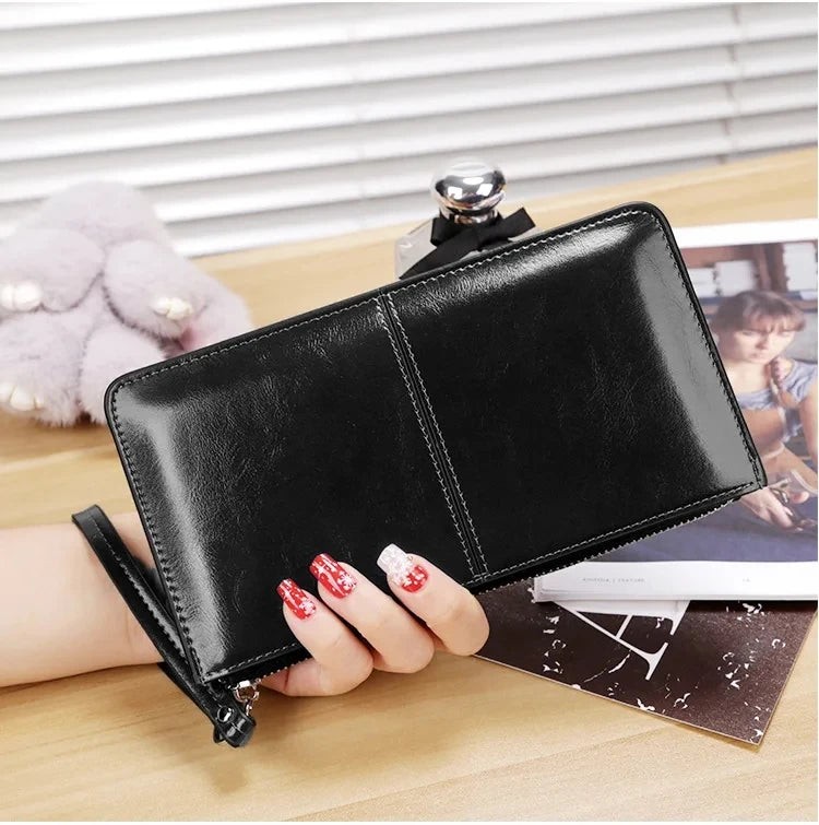 Women's Vintage Oil Wax PU Leather Clutch Wallet Female Large Capacity Phone Purse Ladies Wristband Simple Card Holder Pouch Bag