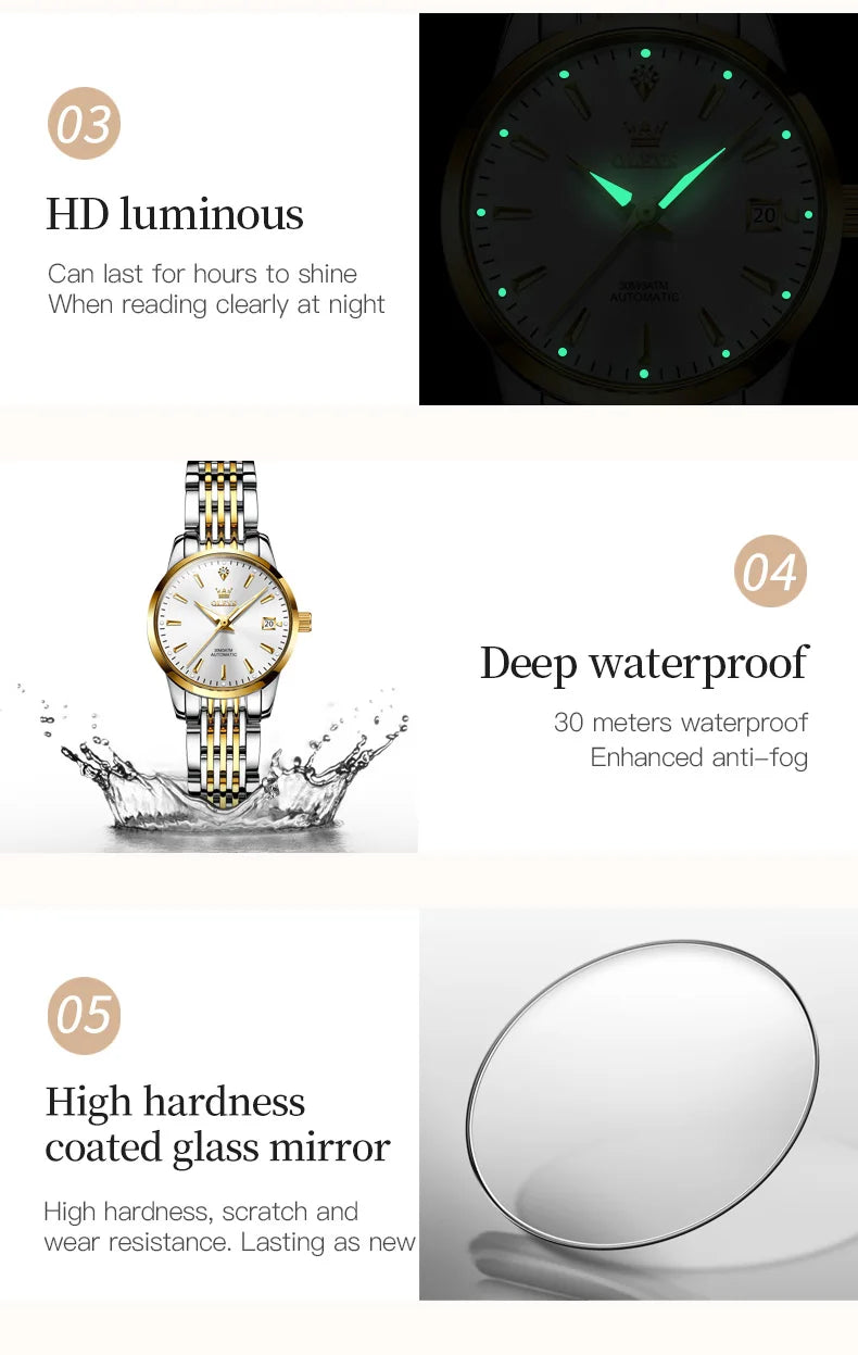OLEVS Ladies Automatic Wristwatch Waterproof Stainless Steel - Smarsty
