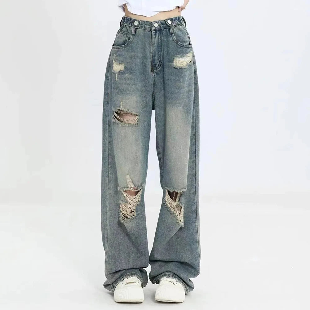 American Retro Hole-punched Jeans Women High Waist Straight-crotch Loose Slim Design High-street Vibe Wide-legged Dragging Pants - Smarsty