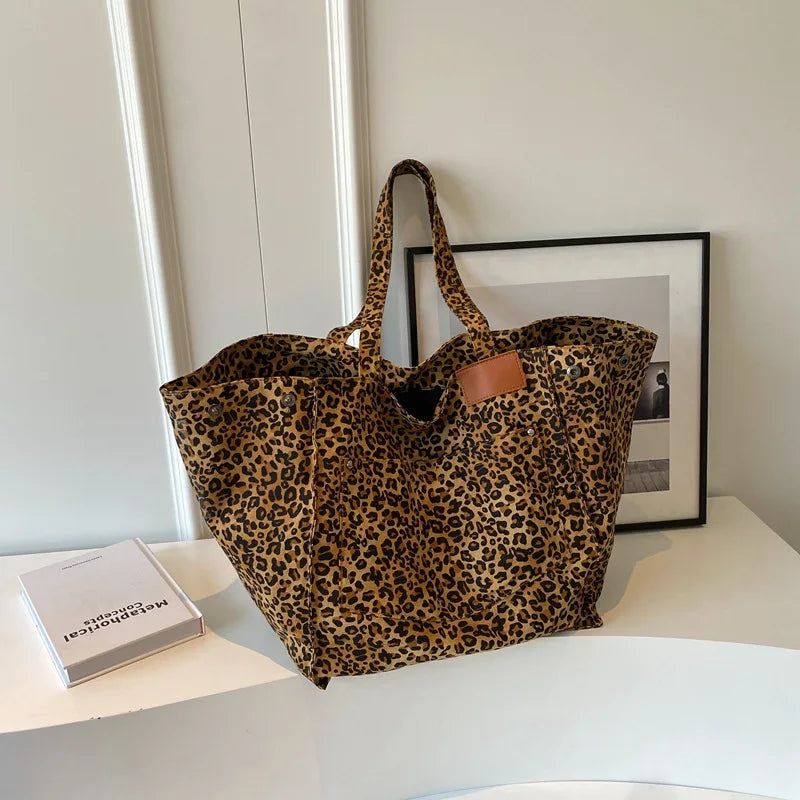 Leopard Pattern Tote Bag Vintage Canvas With Large Capacity - Smarsty