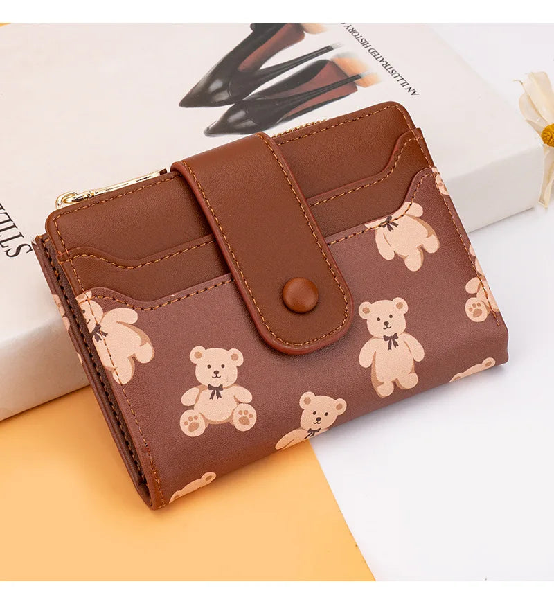 Women Short Wallets PU Leather Female Bifold Purses Cute Bear Card Holder Wallet for Girl Small Zipper Wallet with Coin Purse - Smarsty