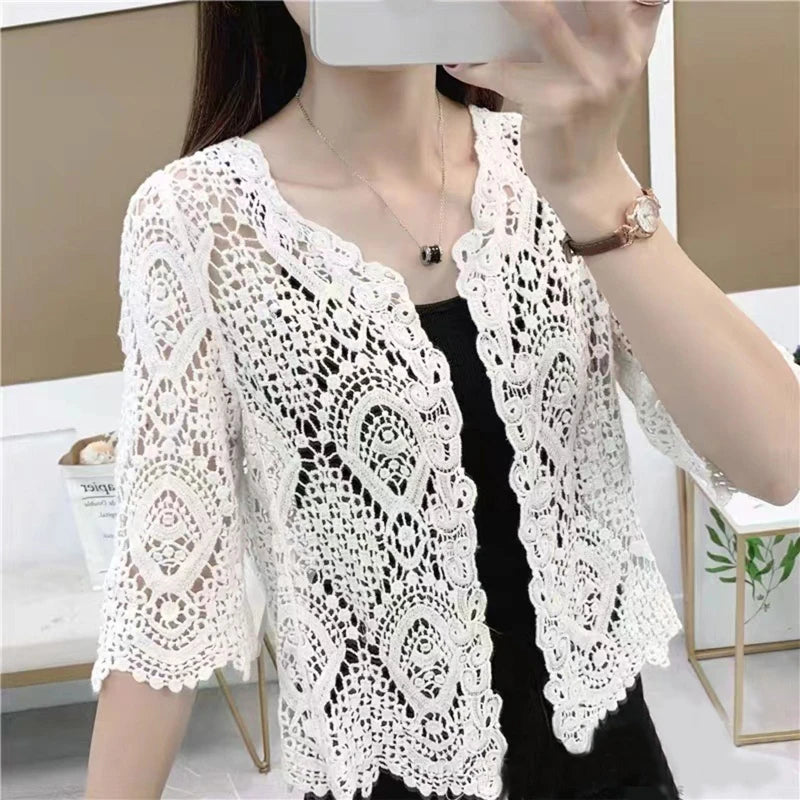 Women Knitted Lace Shrug Boho Hollow Crochet Floral 3/4 Sleeves Open Front Cropped Cardigan Elegant Mesh Sweater Coveup - Smarsty