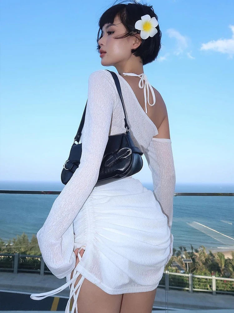 Dulzura Solid Skew Collar Ruched Straps Lace-Up See Through Draw String Mini Dress 2023 Summer Women Party Clubwear Wholesale - Smarsty