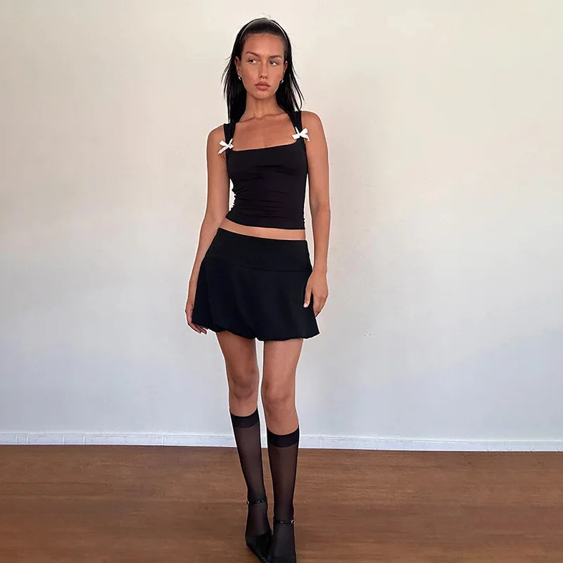 Y2K Women'S Bow Tie-Up Tank Tops Wide Shoulder Straps Bandage Camisole Sexy Low Cut Crop Tops Female Vest Tops - Smarsty