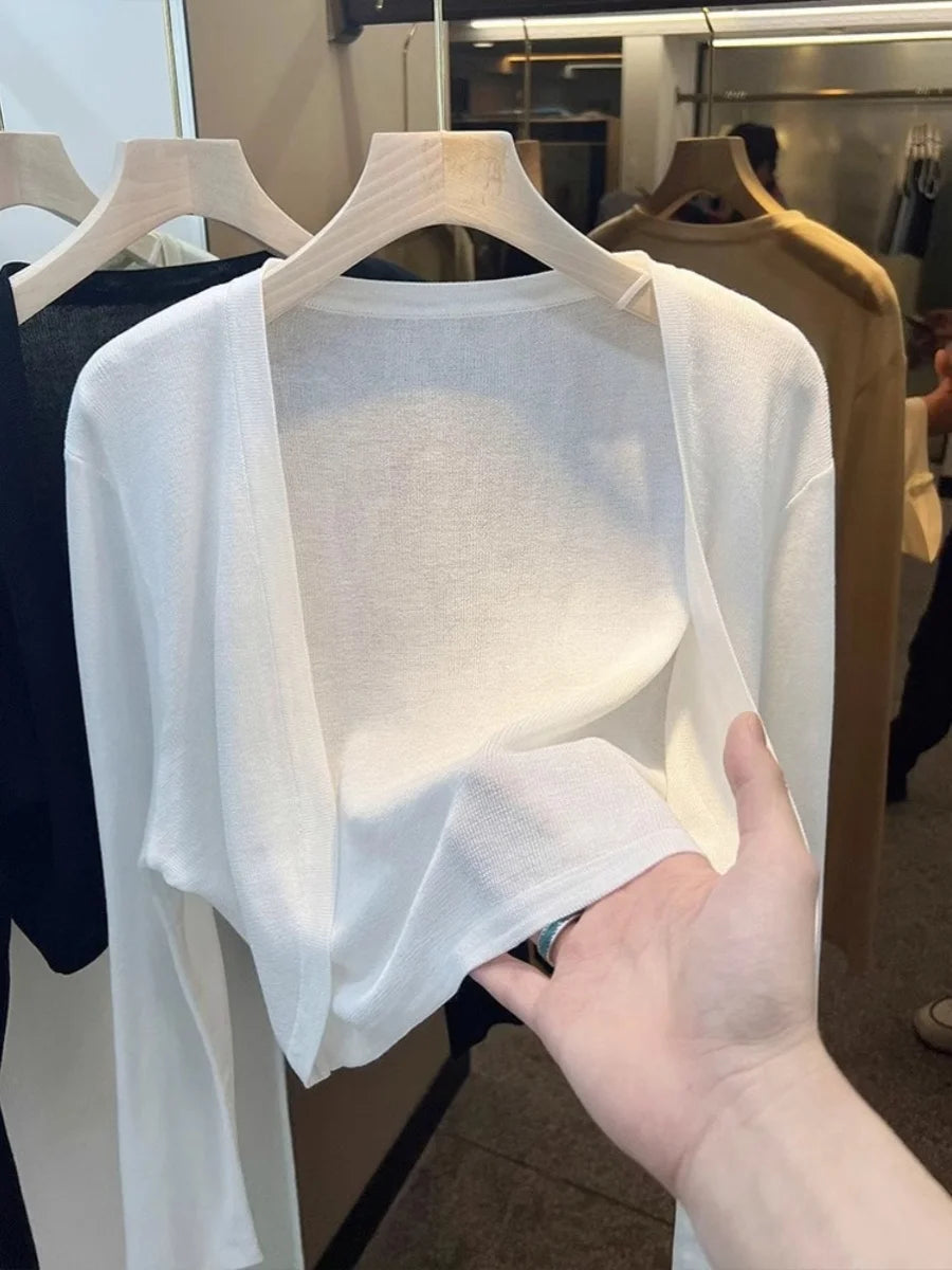 Short Ice Silk Knitted Sun Protection Cardigan Women's Thin Summer Suspender Skirt Layered Gauze Jacket Air-conditioned Cover Up - Smarsty