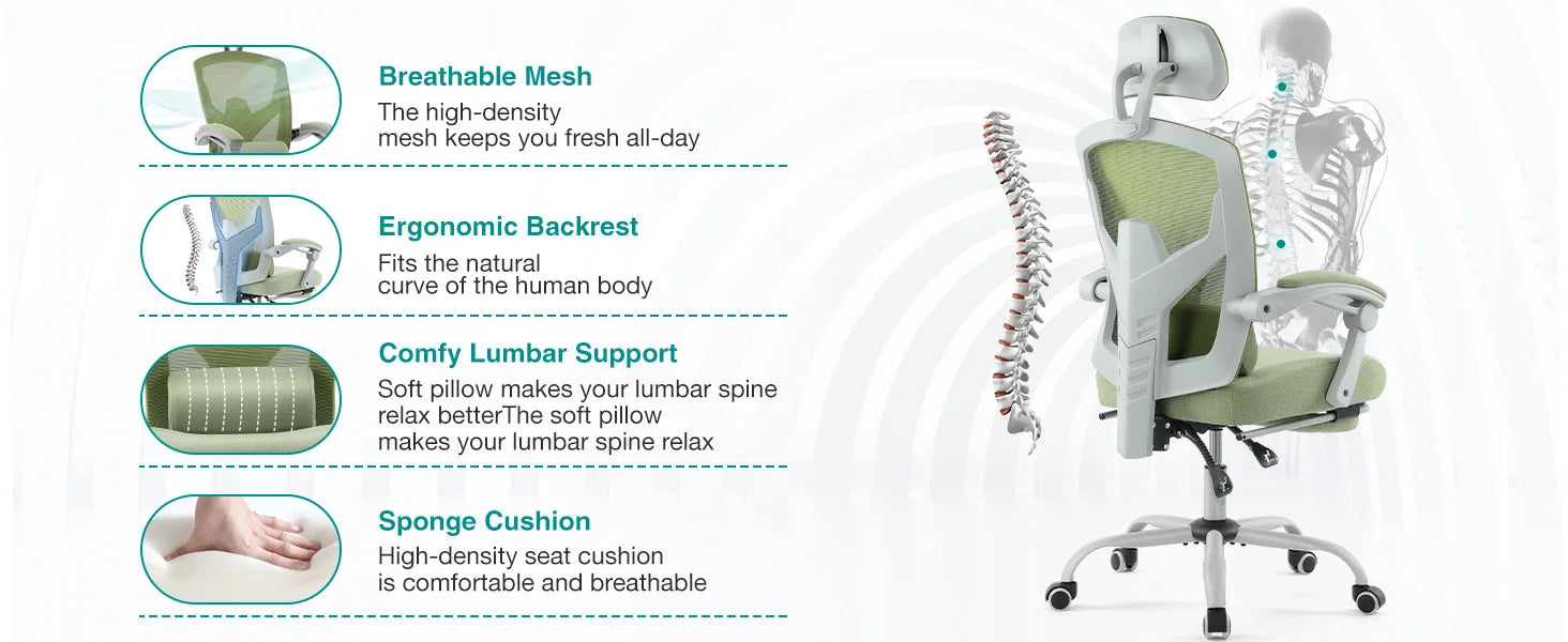 Ergonomic Reclining High Back Mesh Living Room Rocking Gaming Chair Computer Desk Swivel Rolling Lumbar Support Pillow