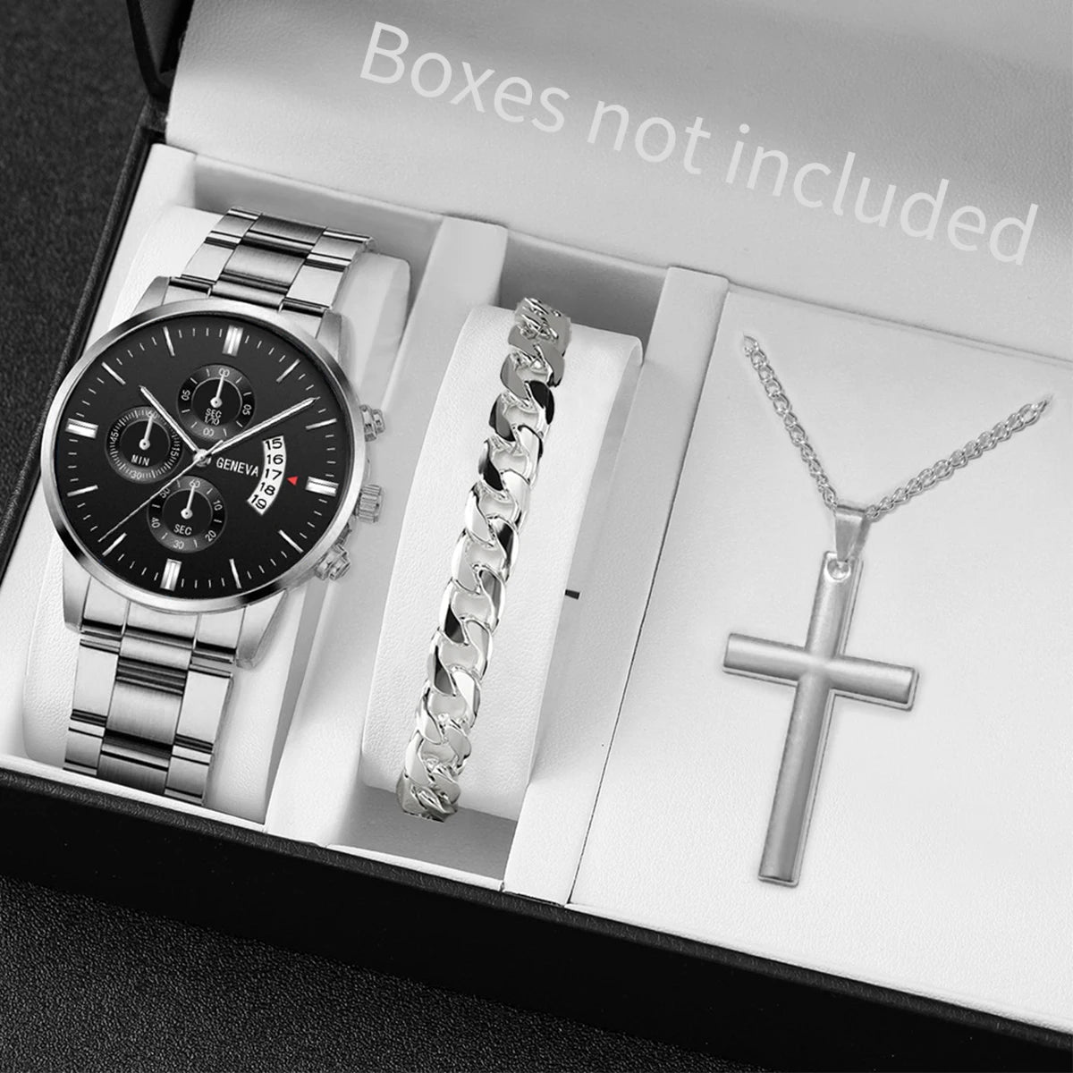 Men's Stainless Steel Quartz Watch Set with Calendar - Smarsty