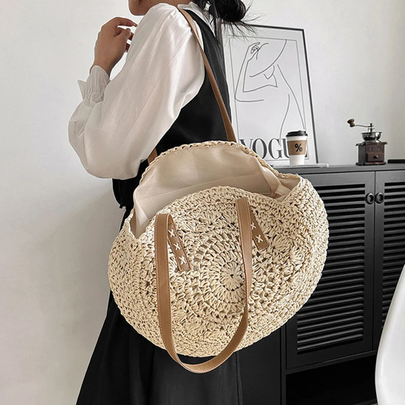 Round Straw Beach Tote for Women Large Capacity Bag - Smarsty