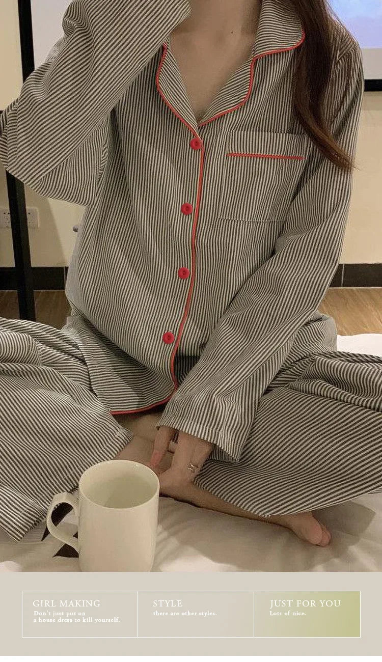 2PCS/Set Women's Long Sleeve Loose Breathable Student Sleepwear Loungewear Cardigan Gray Striped Girl Fashion Pajamas Homewear - Smarsty