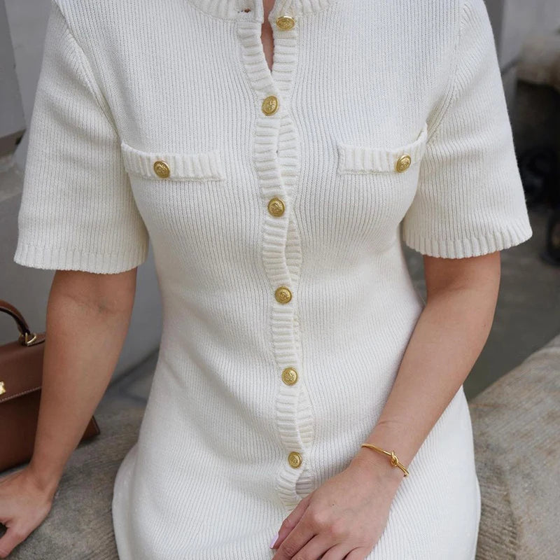 White Elegant Knitted Mini Dress For Women Metal Button Sexy Slim Rib Sweater Dress Holiday Party Outfits Autumn 2024 New - Smarsty