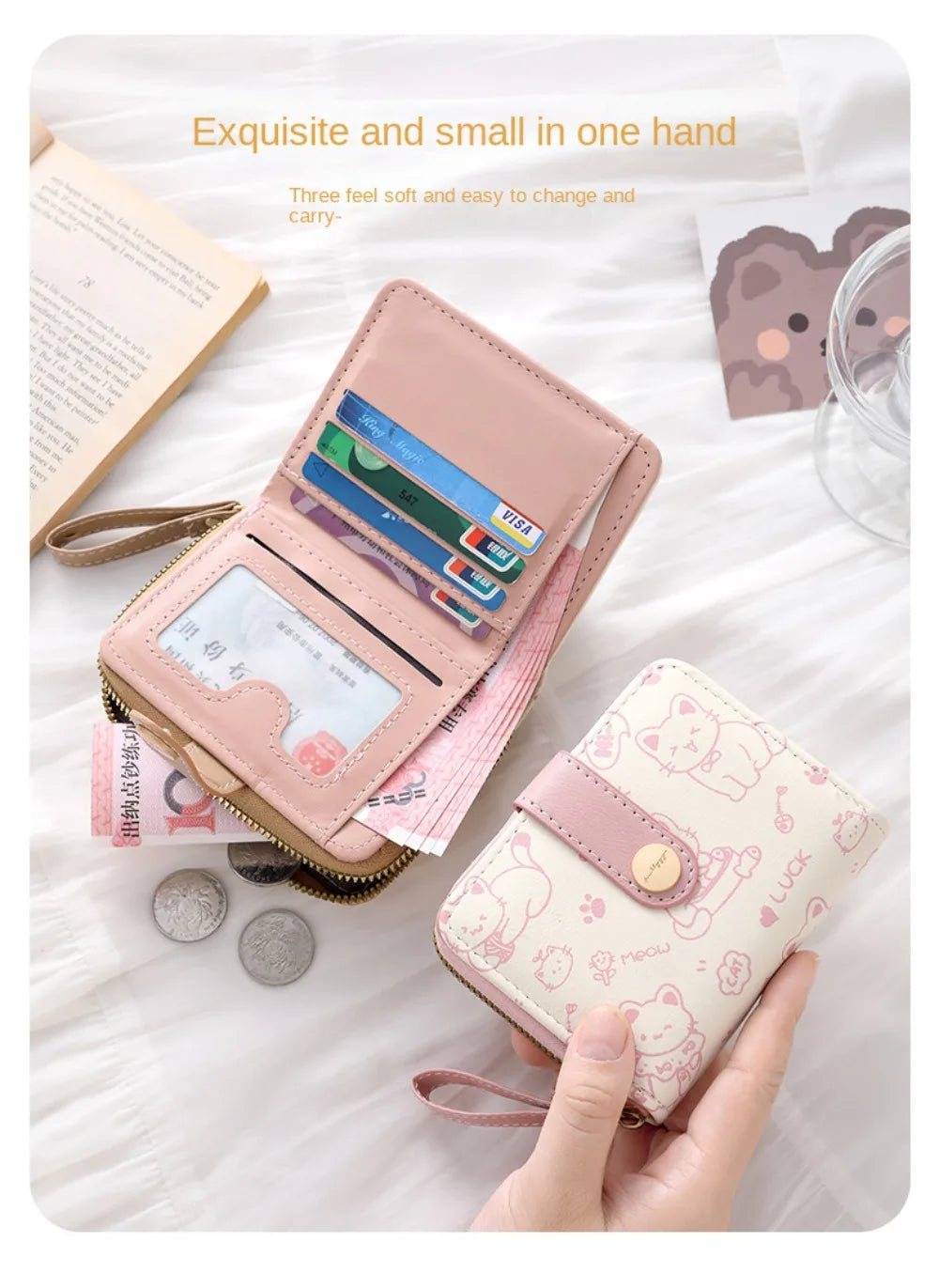 Cute Cat Coin Purse Women Fashion Short Wallet PU Leather Large Capacity Wallet Lightweight ID Card Holder Travel Cash Coin Bag - Smarsty