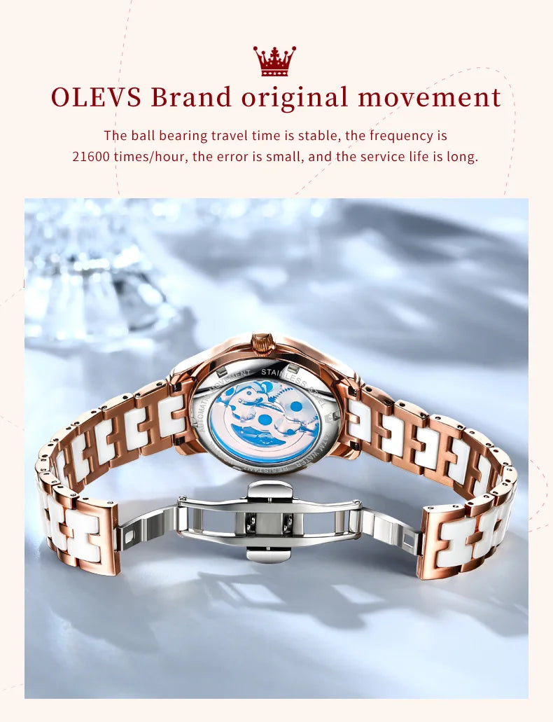 OLEVS 6615 Womens Watch Original Bezel Ceramic Mechanical Automatic Wristwatch Waterproof Luminous Ladies Watch Butterfly Dial - Smarsty