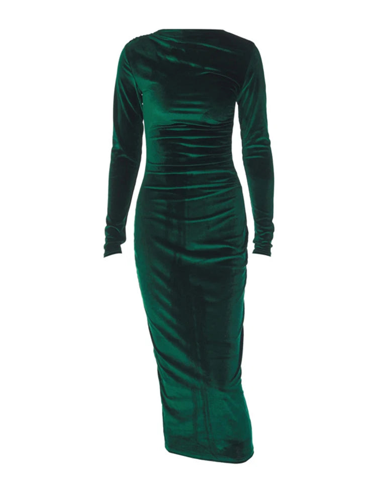 Dulzura 2024 Spring Summer Velvet Long Sleeve Midi Dress For Women Ruched Long Dress Elegant Party Clothes Evening Green Outfits - Smarsty