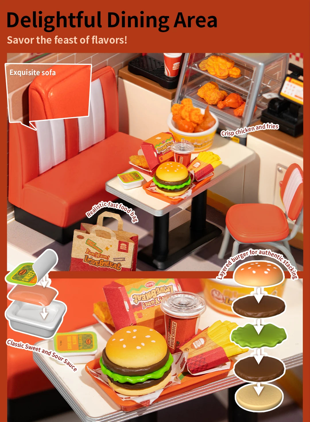 Robotime Rolife Super Creator Series Plastic Dollhouse Building Blocks for Kids Yum Burgers Leisurely Cheers Bar Sweet Sips Tea