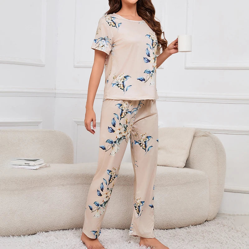 Women's Short Sleeve Crew Neck Top With Shorts And Pants 3 Piece Loungewear Sleepwear Lounge Sets Nighty Print Casual Pajama Set - Smarsty
