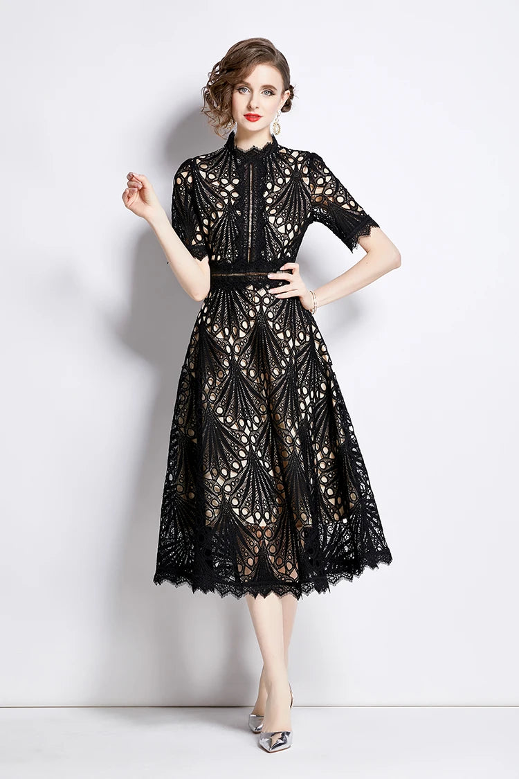 H Han Queen Spring New Elegant Casual Work Party Dresses Floral Crochet Hollow Out Lace Patchwork Casual Office Midi Dress - Smarsty