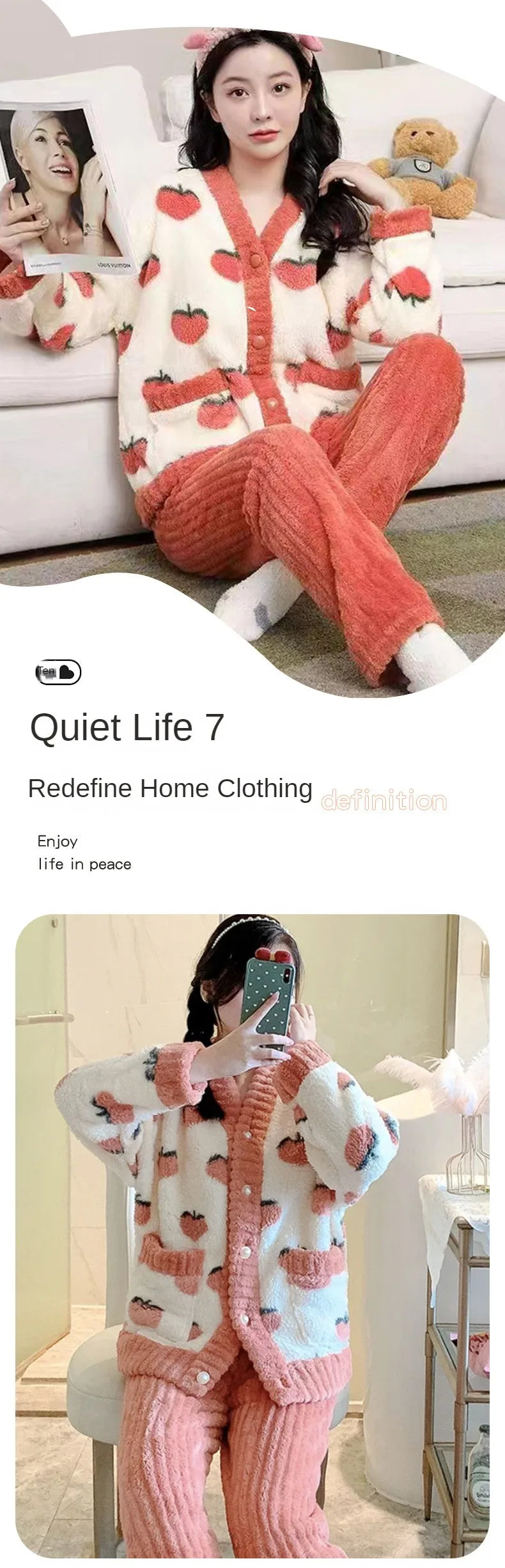 Padded and Thickened Warm Flannel Women Pajamas Loungewear Winter Peach Sleepwear Homewear Coral Velvet Two-Piece Set Nightwear - Smarsty