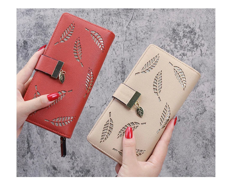 2024 new women's purse sweet lady PU leather horizontal zipper women's medium long hollow leaf purse