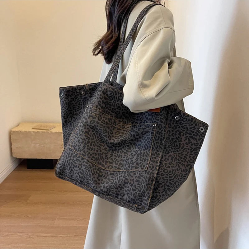 Leopard Pattern Tote Bag Vintage Canvas With Large Capacity - Smarsty
