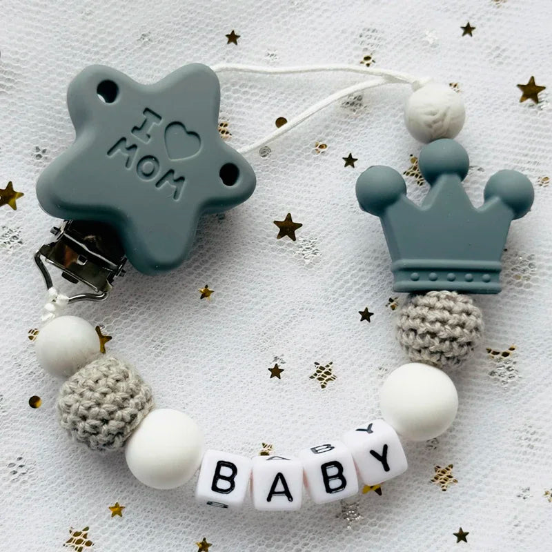 NEW Custom Personalized Name Pacifier Clip Handmade Beech Wooden Chain Silicone Crown Holder Soother Baby Teething Toy Chew Gift by Smarsty