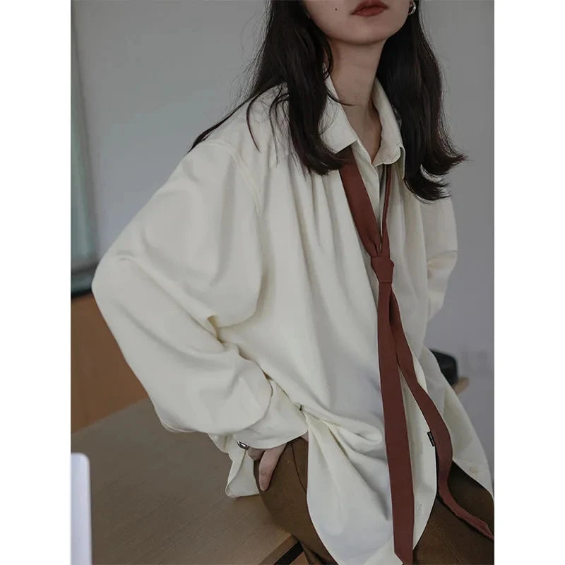 2025 Summer Minimalist Long Sleeve Button Up Shirt Women Korean Style Solid Tie Oversize Shirts Blouse Loose Clothes Autumn Tops - Smarsty
