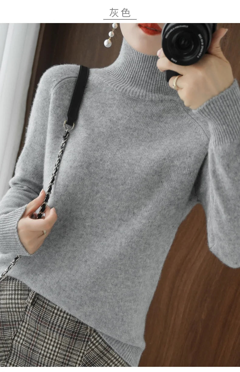 Fashion Basic Autumn Winter Merino Wool Sweater Mock Neck Cashmere Pullover Solid Color Soft Long Sleeve Clothing Tops - Smarsty