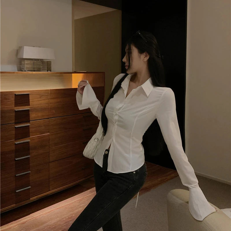Gidyq Fashion Women Bandage Shirts Korean All Match Streetwear Female Slim Blouse Spring Casual White Bell Sleeve Shirt New - Smarsty