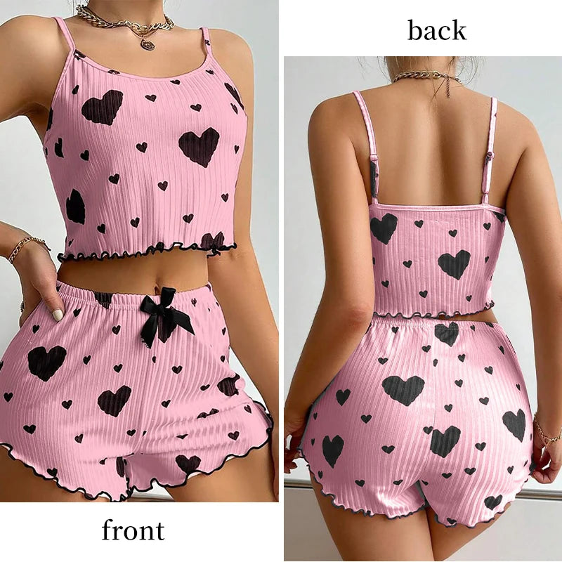 Women's Pajamas Set Sleepwear 2 PCS Short Tank Tops And Shorts S M L White Ventilate Soft Casual Love Printing - Smarsty