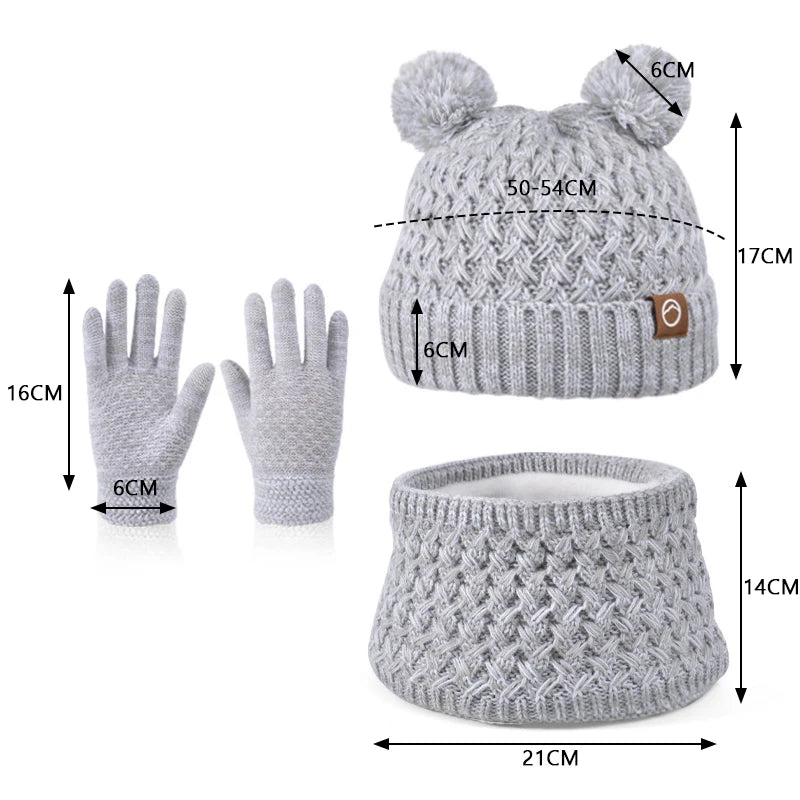 Winter Kids Hat Set Warm Beanie Scarf Gloves Pompom Fleece - Smarsty