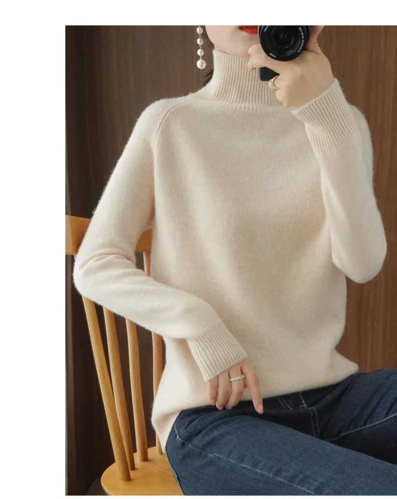 Fashion Basic Autumn Winter Merino Wool Sweater Mock Neck Cashmere Pullover Solid Color Soft Long Sleeve Clothing Tops - Smarsty