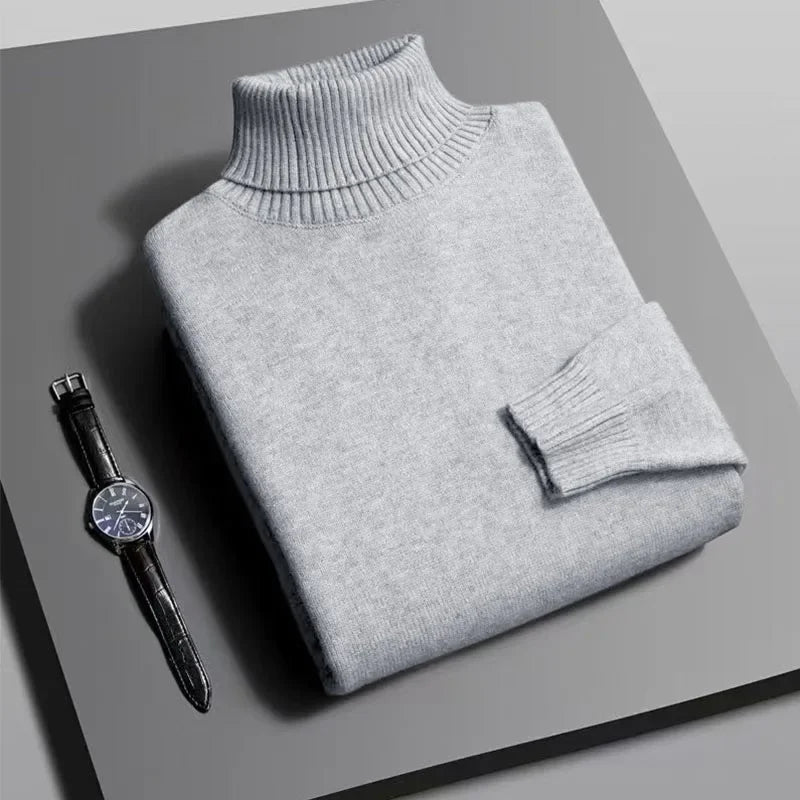 Autumn Mens High Quality Knitted Turtleneck Sweater Slim Fit Long Sleeve Anti-pilling Pullover Solid Color Trend Men Streetwea - Smarsty