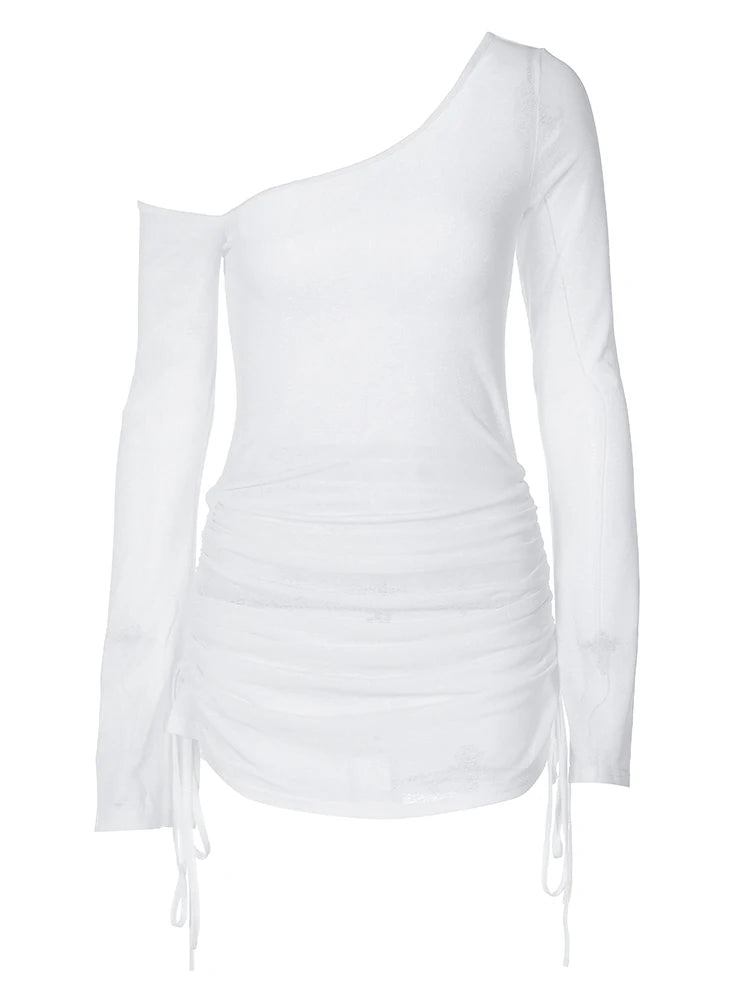 Dulzura Solid Skew Collar Ruched Straps Lace-Up See Through Draw String Mini Dress 2023 Summer Women Party Clubwear Wholesale - Smarsty