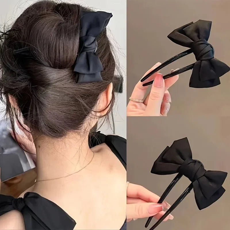 Elegant Black Bow U-Shaped Hair Clip for Women - Smarsty