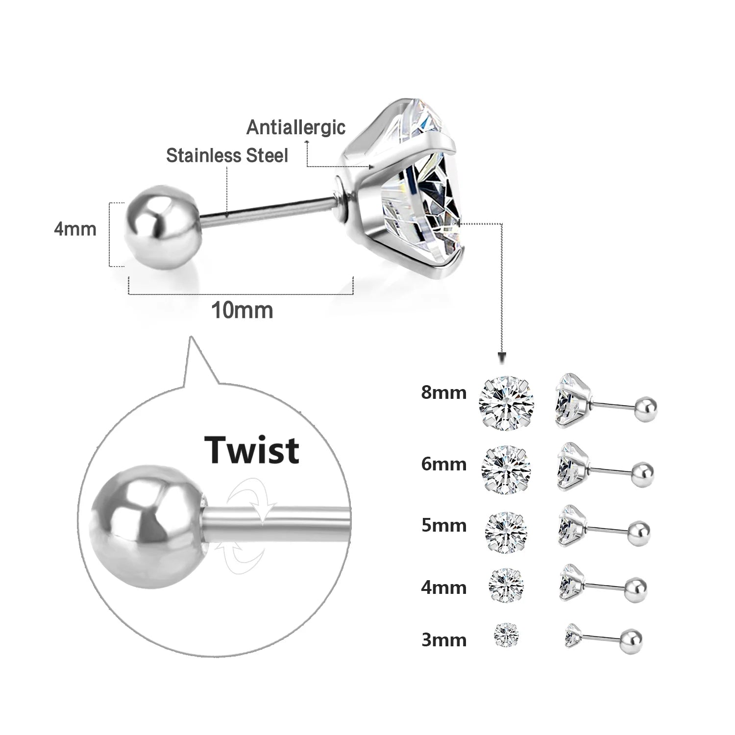 Stainless Steel CZ Stud Earrings Hypoallergenic Screw - Smarsty
