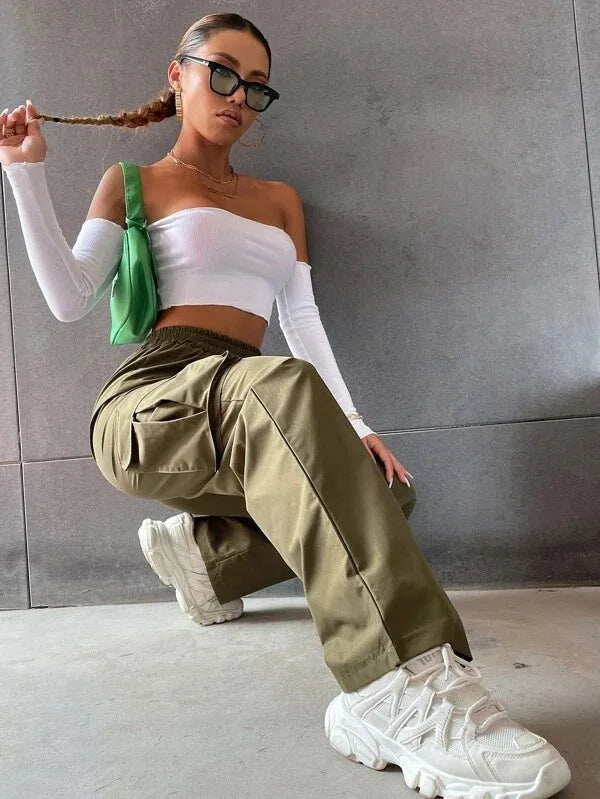 Fashion Women Baggy Joggers Pants Casual Communte Female Chic Straight Cargo Pant Elastic High Waist Elegant Oversized Trousers - Smarsty