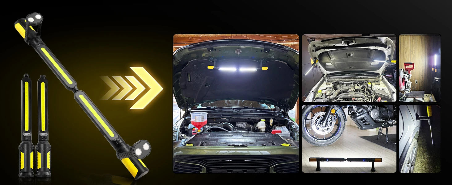 Dual Magnetic Work Lights 2 in 1, 2400LM Rechargeable Underhood Light,360° Rotation with Hooks for Car Repair, Garage, Emergency