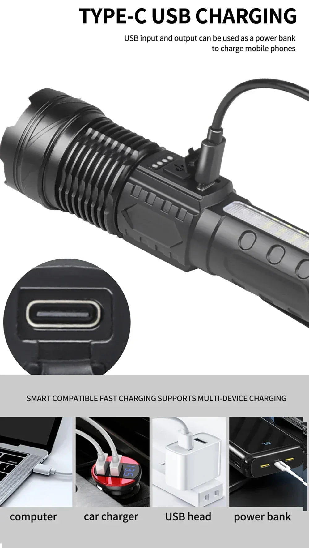 Rechargeable LED Flashlight Zoomable Torch with COB Side Led 7 Modes Waterproof High Power Hand Light Outdoor Wilderness Camping