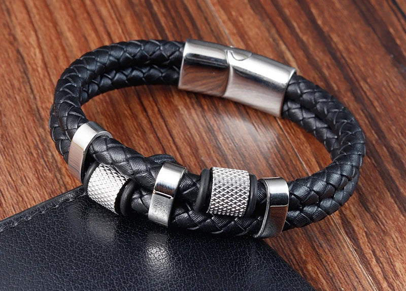 Men's Leather Charm Bracelet Stainless Steel Magnetic Clasp - Smarsty