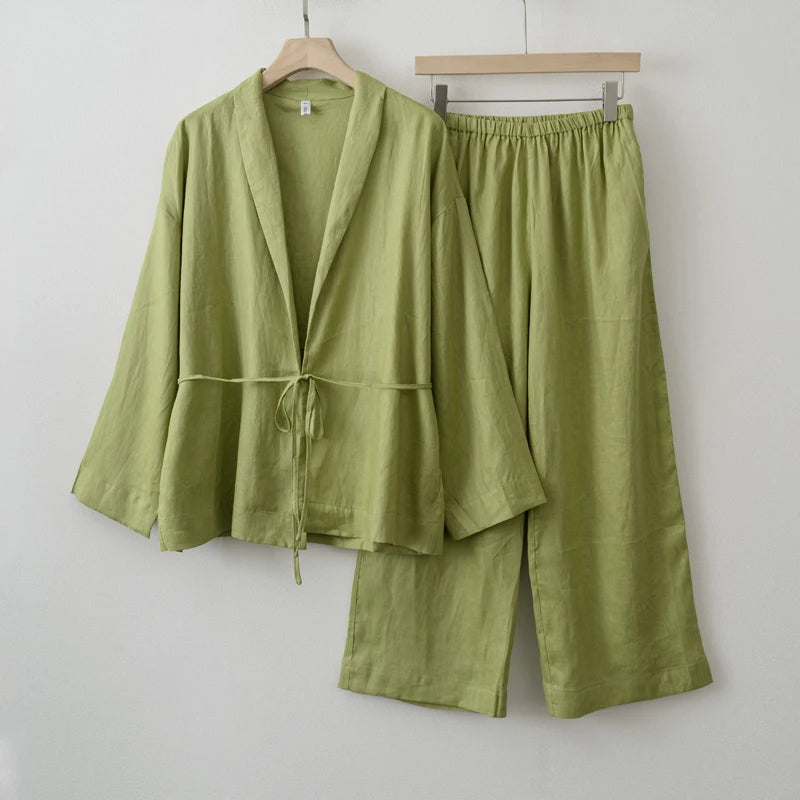 2025 Summer Women Linen Kimono Blouse Pants sets - Smarsty