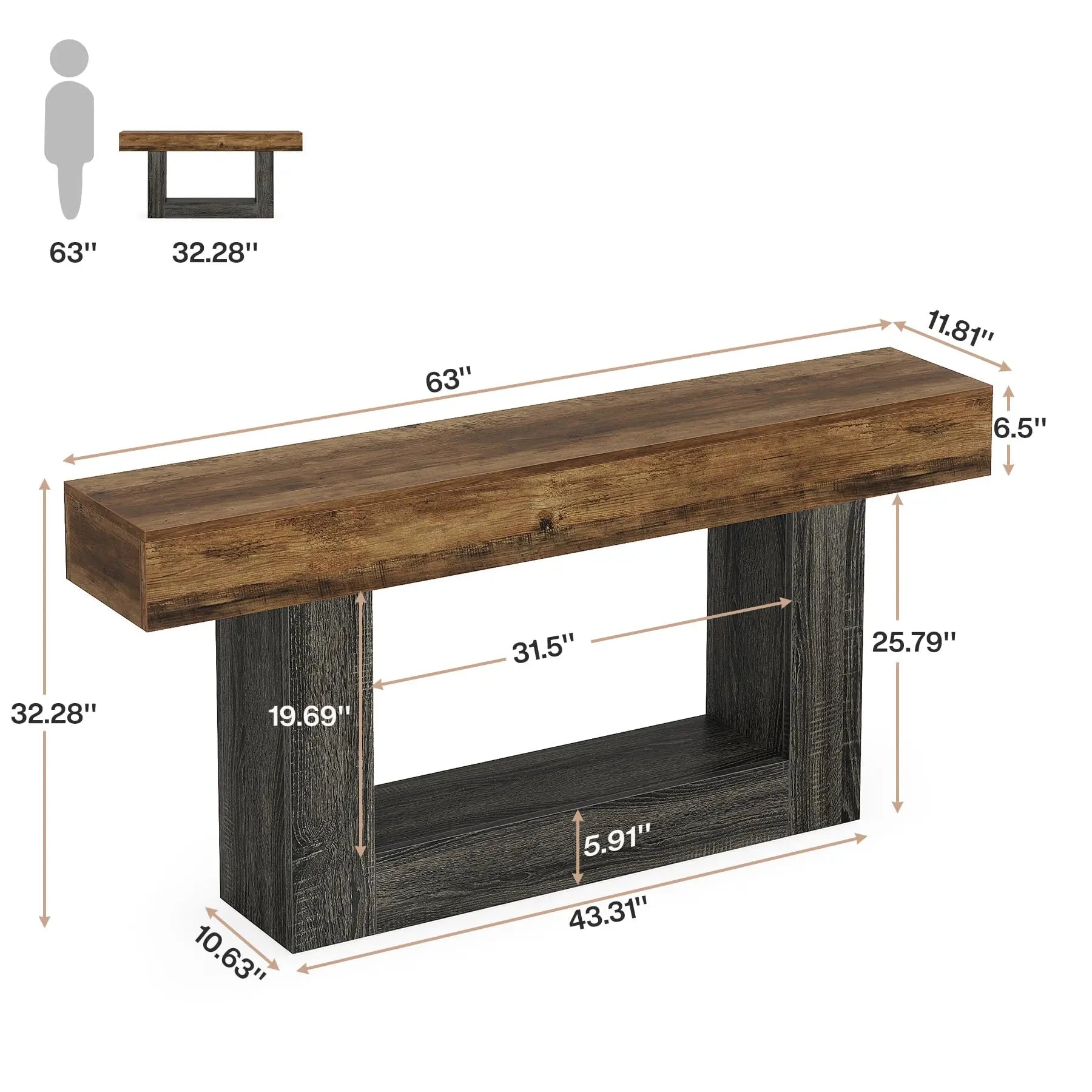 Tribesigns 63" Console Table, Farmhouse 2-Tier Entryway Table with U-Shaped Base, Narrow Long Wood Sofa Table Behind Couch Table